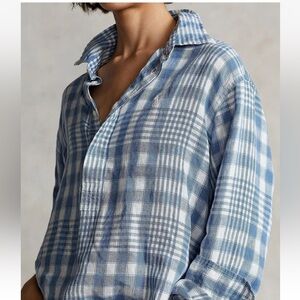 Ralph Lauren linen Blue and White Plaid Button-Down
